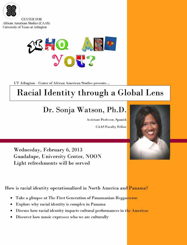 Poster for C A A S event, racial identity through a global lens