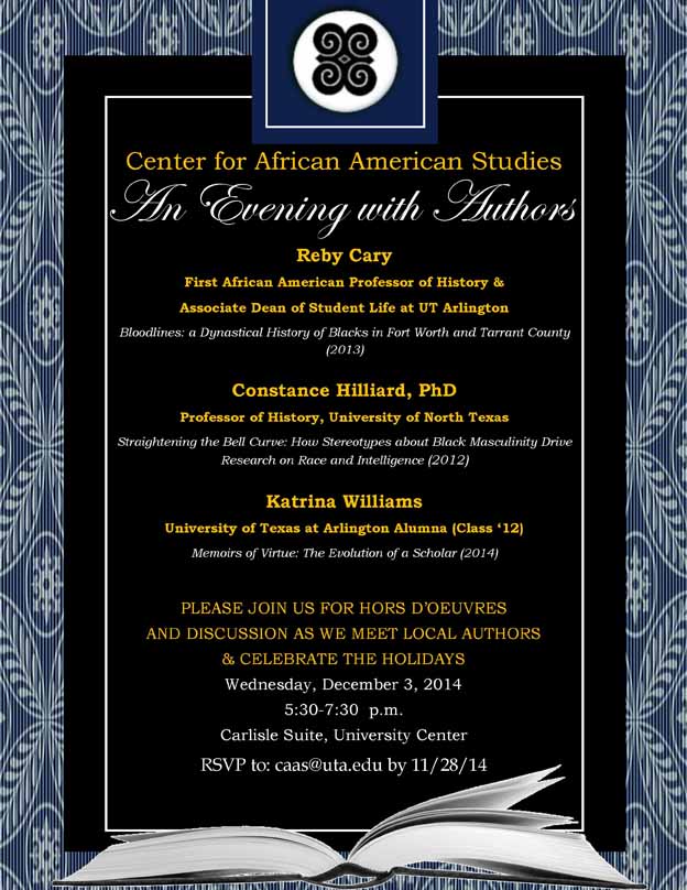 Poster for the C A A S event, an evening with authors